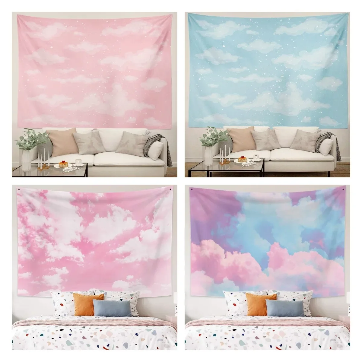 Blue Pink Sky Tapestry with White Cloud Kawaii Room Decoration Wall Fabric Art Room Decoration Accessories Boho Home Decor Tapiz