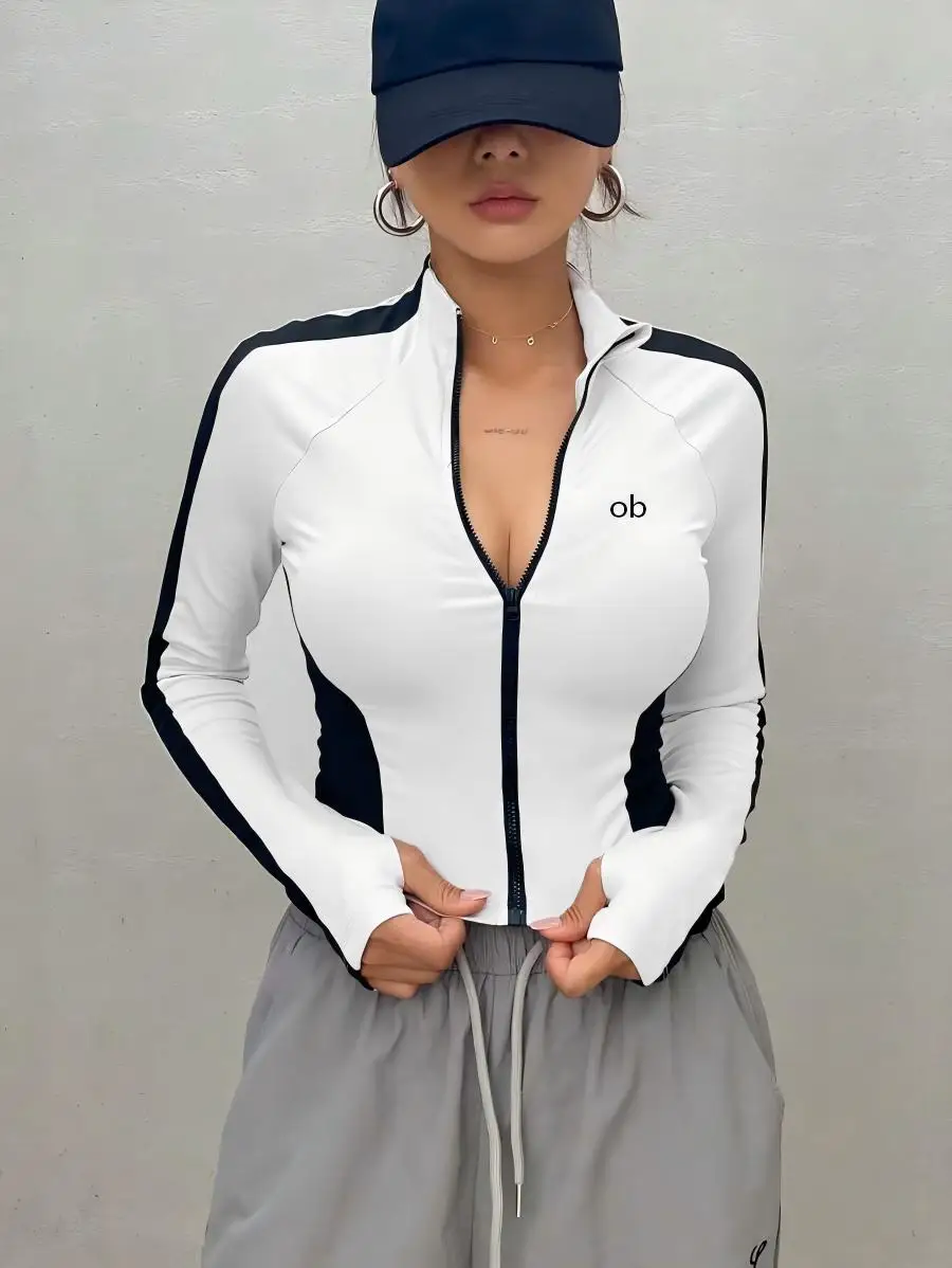 Color-matched sport coat, tight-fitting and slimming, V-neck zipper jacket, stretch top, yoga wear, long-sleeved women's shirt