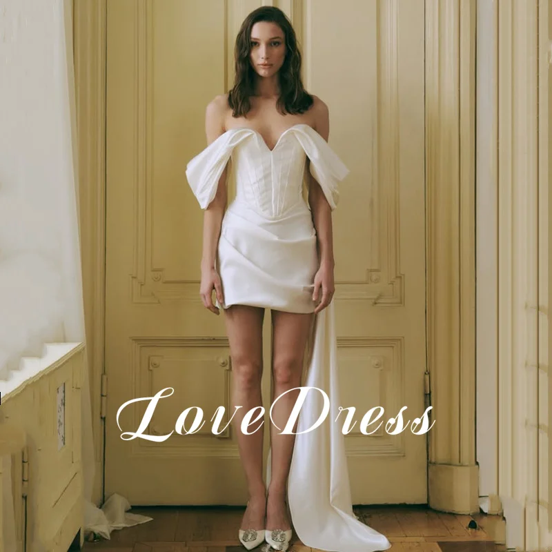 섹시한 브이넥 새틴 미니 아이보리 웨딩 드레스 민소매 오프 숄더 심플 무릎 위 플리츠 오픈 백 짧은 드레스 맞춤형