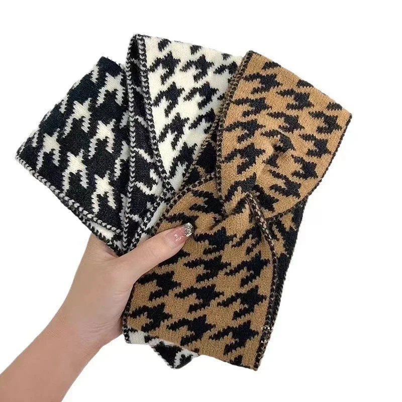 

1PC Korean Style Houndstooth Knitted Wool Headband Women's Fashion Wide-brimmed Retro Headband Turban Hair Accessory