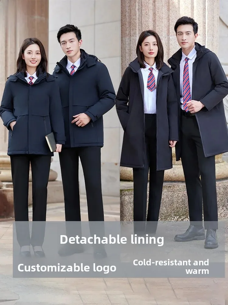 Thickened Medium-Length Cotton Jacket Work Uniform for Men And Women Removable Inner Liner Windproof And Warm for Business An...