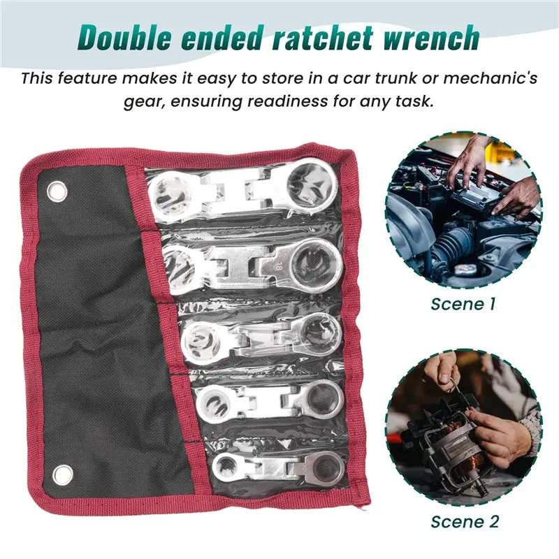 

[A92P!】 Stubby Wrenches Set, Flex-Head Ratcheting Wrench Set Double Box End Ratchet Wrench Metric 8-19Mm 5 Pieces