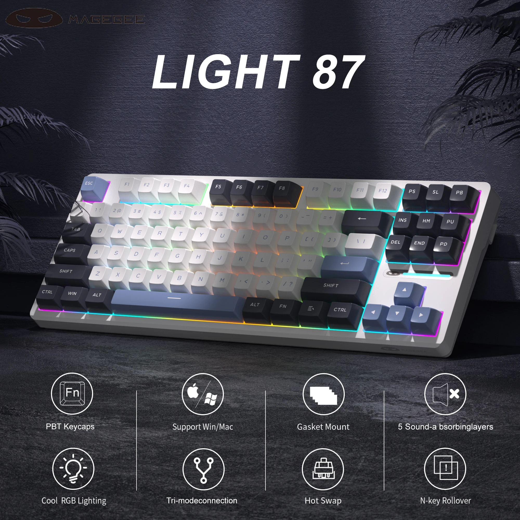 MageGee Light87 Wireless Mechanical Keyboard 2.4G/USB-C/BT5.0 Hot-swappable 87Keys RGB Gaming Gasket Keyboard for Games and Work