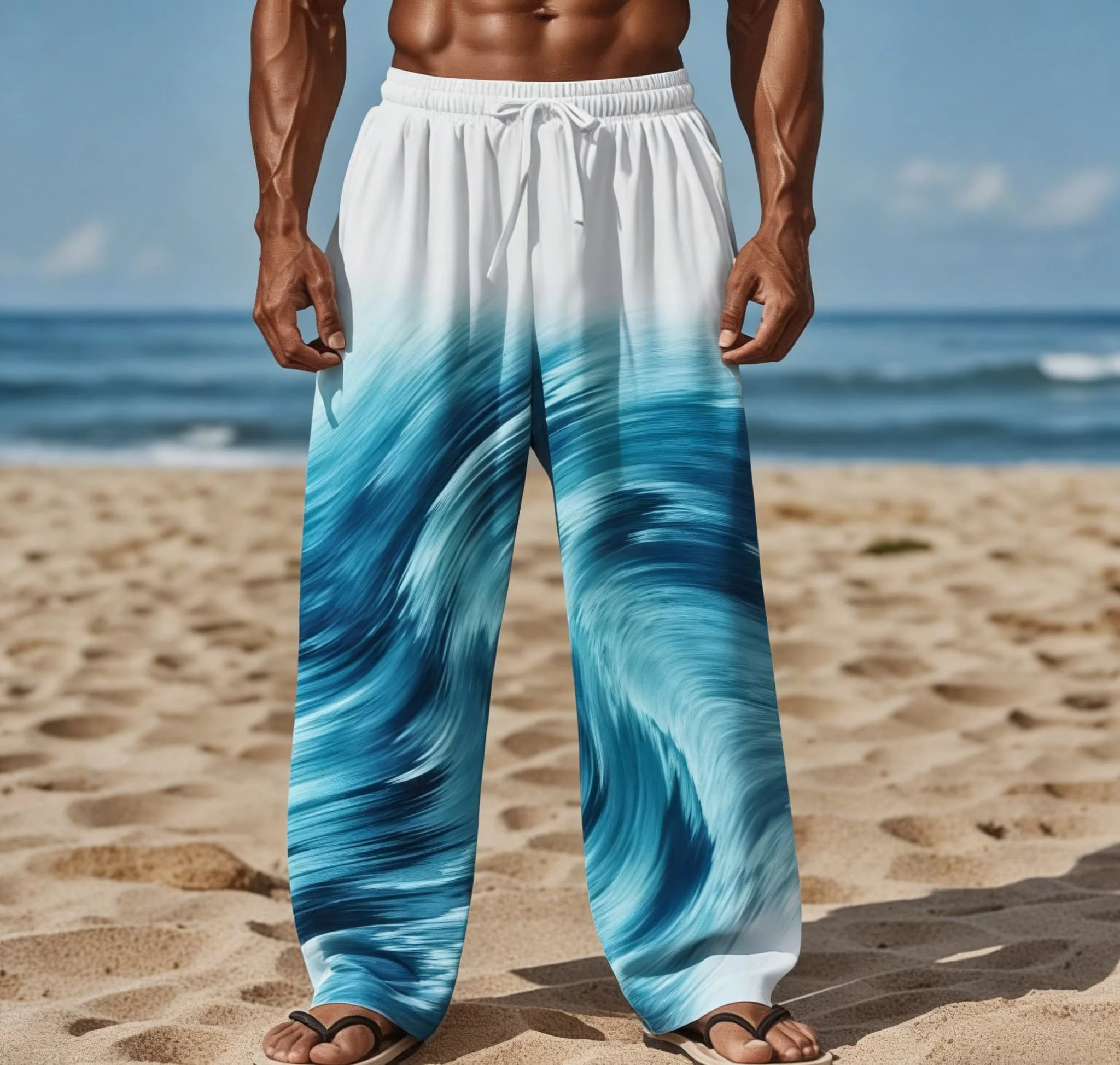 

Мужские летние новые пляжные повседневные брюки с абстрактным принтом в виде морских волн