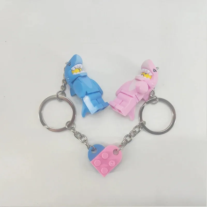 Cute Shark Building Block Couple Keychains with Heart Pendants