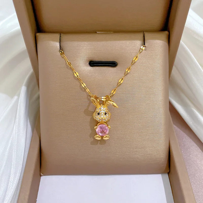 European and American Curved Ear Rabbit Hug Love Crystal Pendant Necklace for Women Fashion Pink Rabbit Animal Jewelry Gift