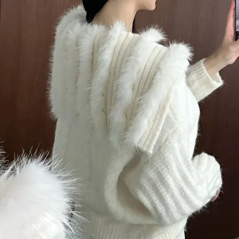 سترة نسائية أنيقة بتصميم ياقة بحرية محبوكة ناعمة معطف صوف الألبكة مع ياقة فرو طويلة Sve طول منتظم