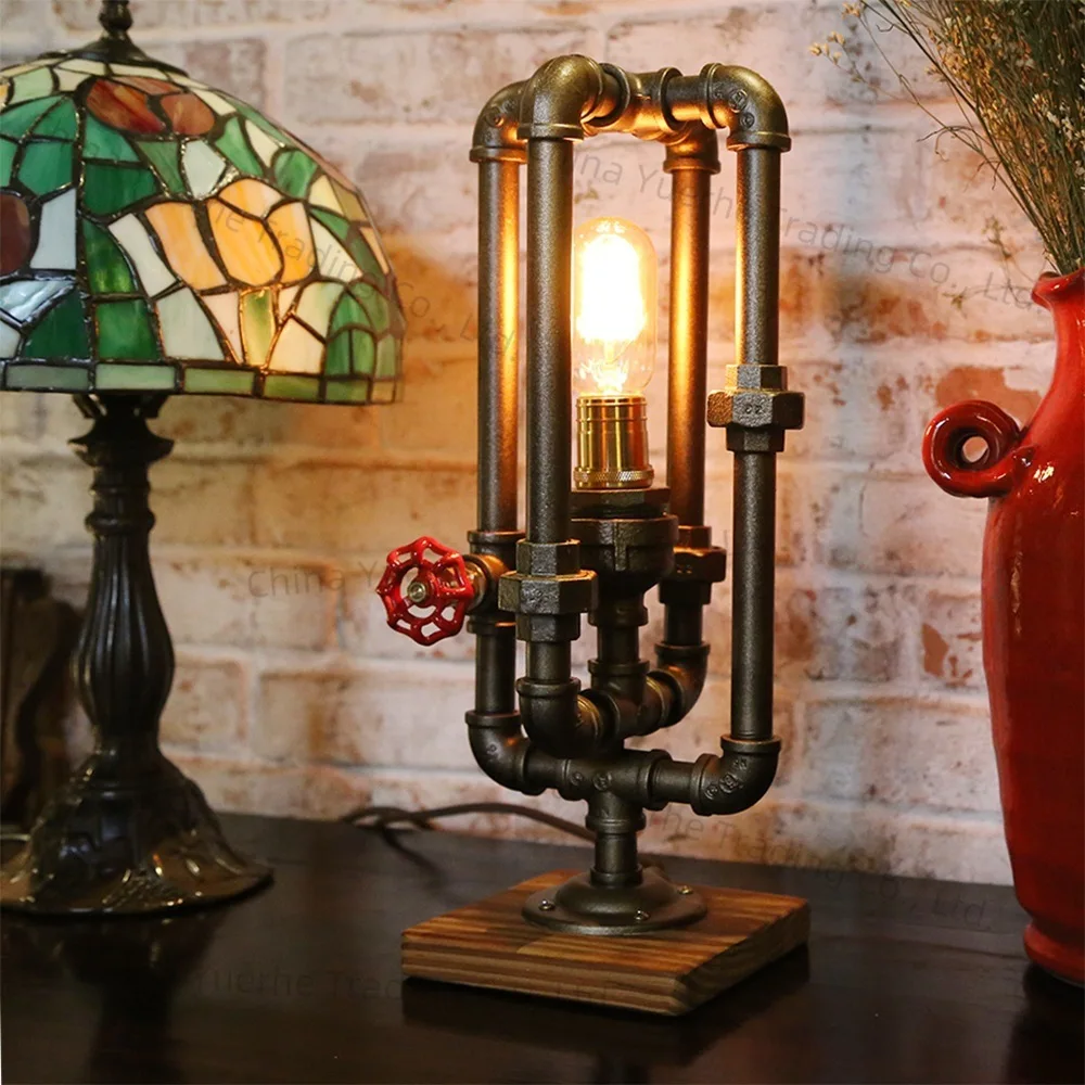 

American industrial style creative table lamp retro Edison bulb water pipe lamp bedside table lamp