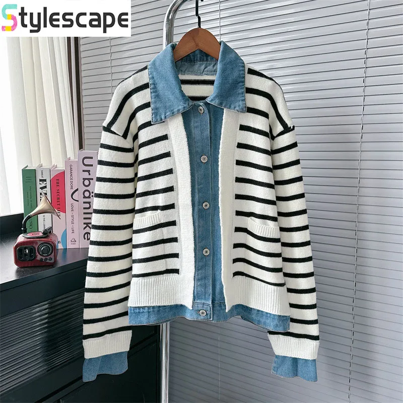 

Cowboy Patchwork Sweater Women's Autumn and Winter New Item Contrasting Stripes Loose Lazy Style Knitted Cardigan Jacket