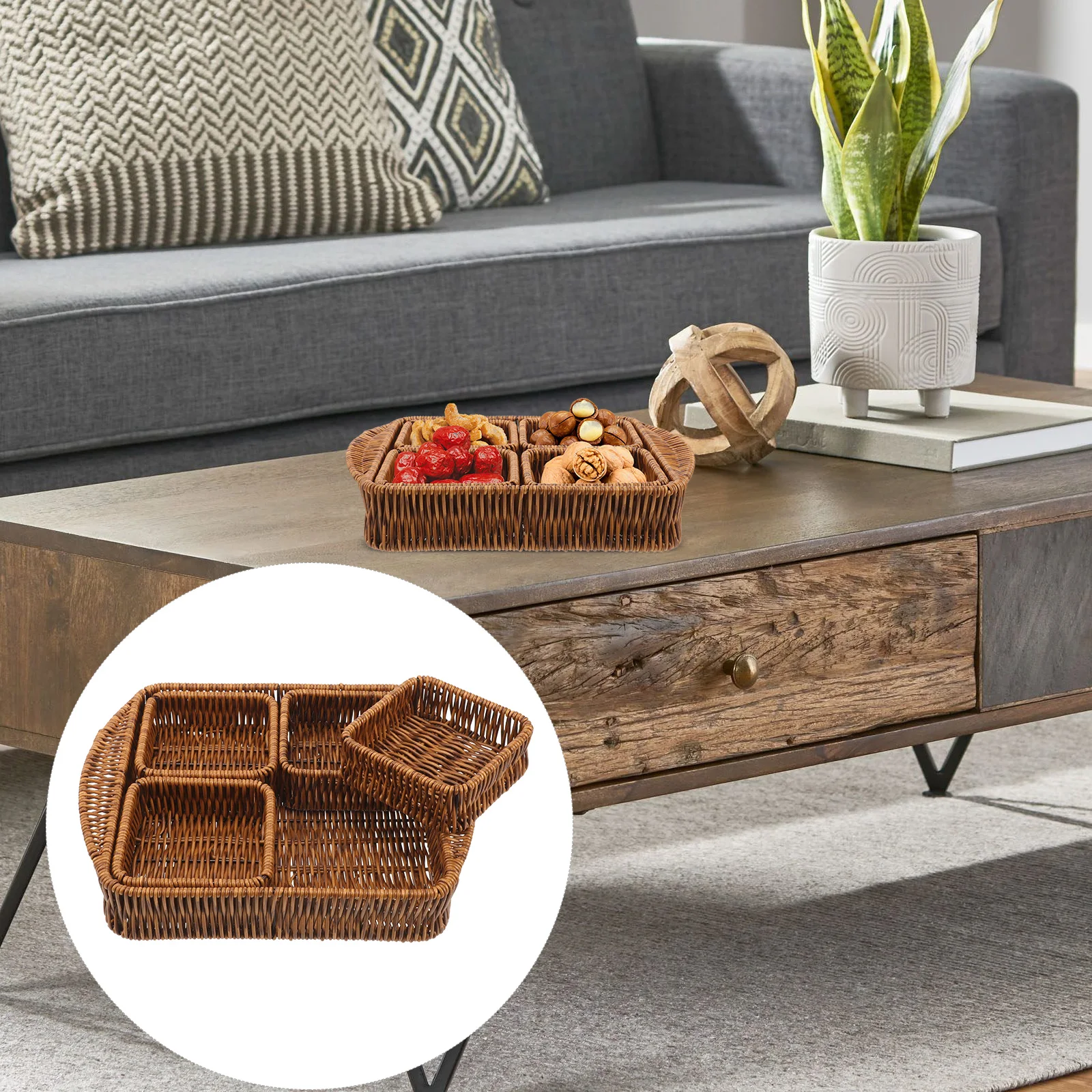 

1 set Wicker Snack Fruit Baskets Storage Set of 5 Round Woven Baskets Light Brown Multi Functional Kitchen Bar Home Decor