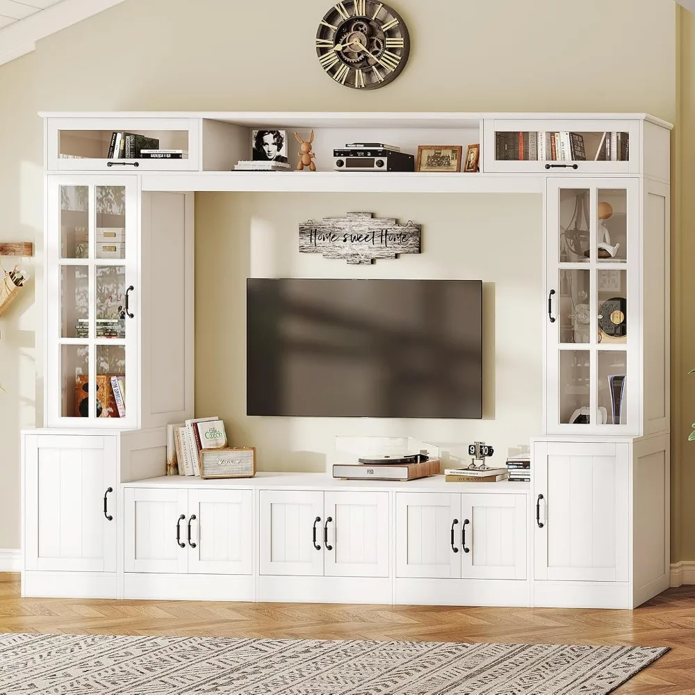 

98" W Wall Unit TV Stand with Storage for TVs up to 80", Modern TV Console with LED Lights, Entertainment Center with Bookshelv