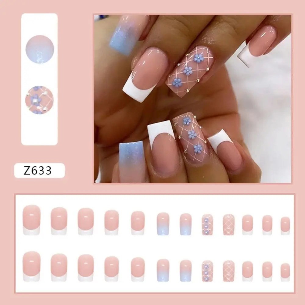

24pcs Nail Tips White Edge Fake Nials DIY French Flowers Glitter Long Square False Nails