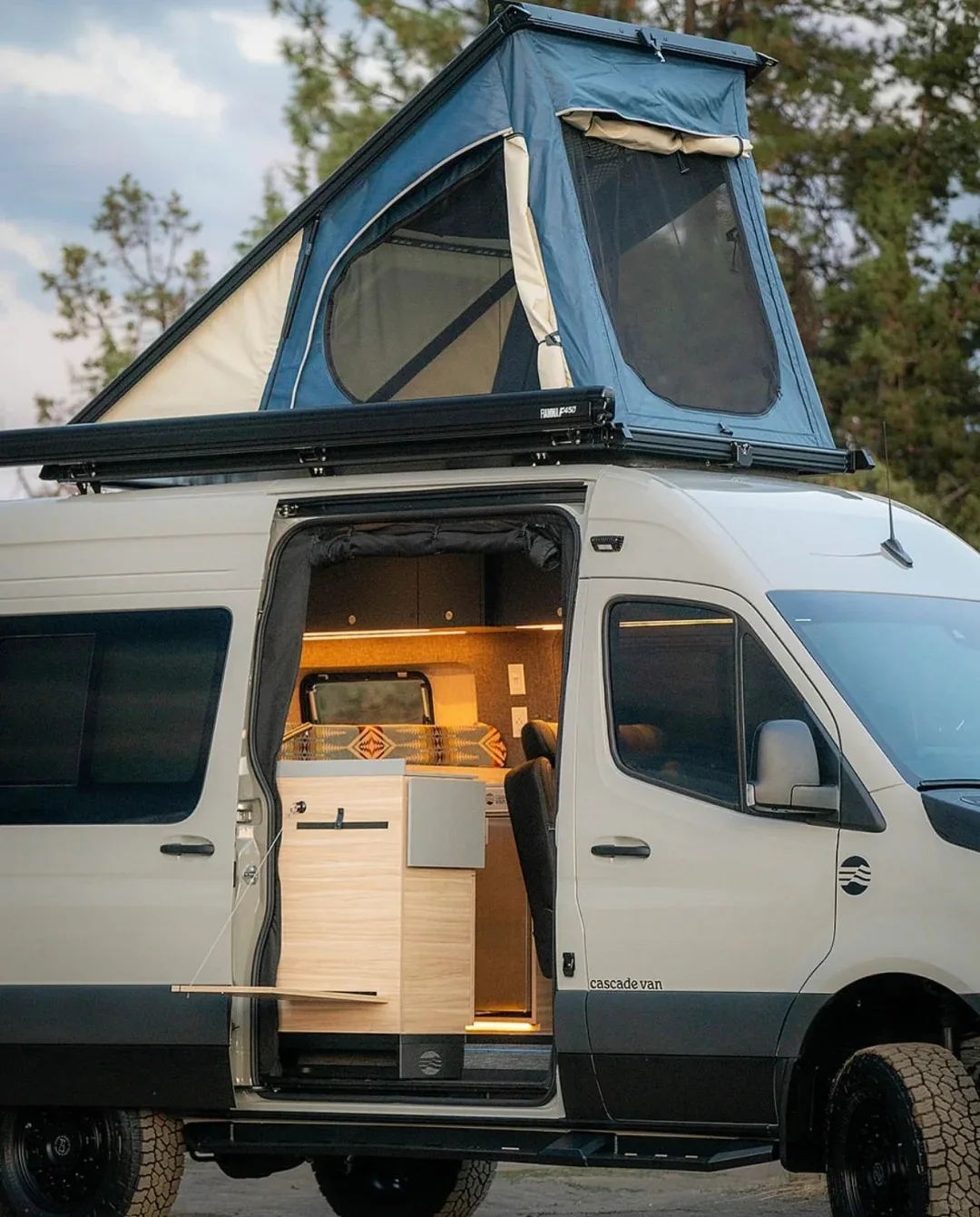 Camper RV Van Conversion Kits with Luxury  Bed and Wood Interior Cabinets and Viewing Platform