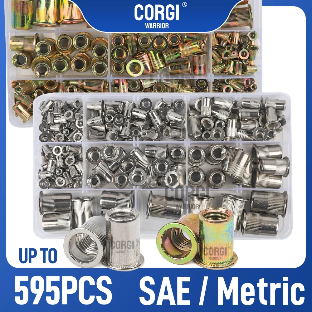 SAE/Metric UNC Rivet Nuts Assortment Kit Flat Head Threaded Insert Rivnuts up to 595 M3 M4 to M12 10-24 1/4-20 5/16-18 3/8-16