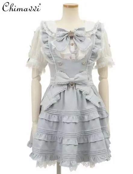 Japanese Liz New Sweet Cute Bowknot Layer Strap Cake Dress Women Spring Lolita Solid Color Lolita Above Knee Suspender Dresses