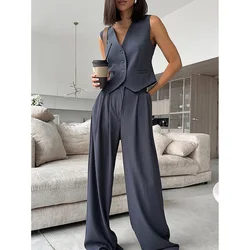 High-end Texture Office Lady Suit Coat Set Fashion Simple Solid Commuter Wear V-neck Vest Loose Wide-leg Pants Three-piece Set