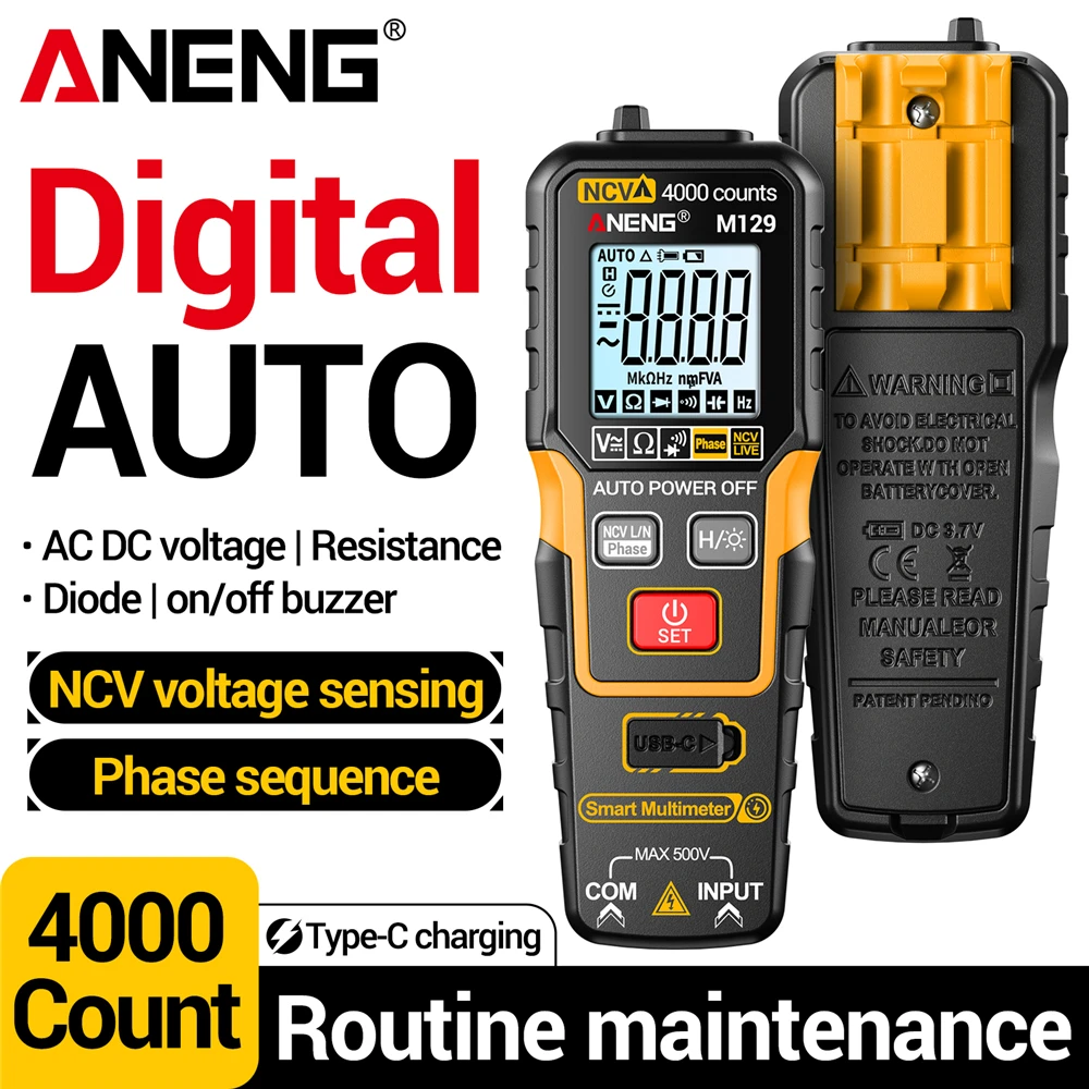 ANENG M129 Digital Multimeter Rechargeable 4000 Counts Auto Range AC DC 500V Voltage Resistance NCV Meter With Phase Sequence