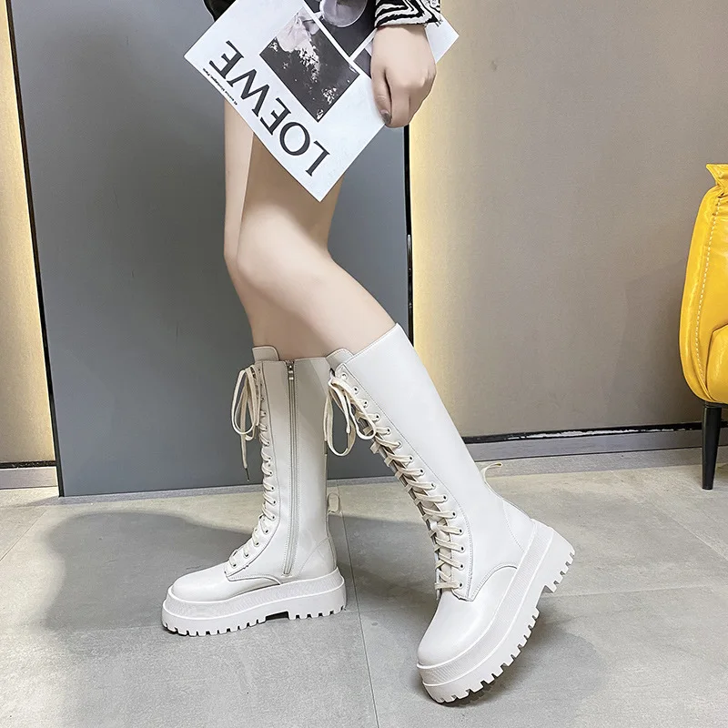 Women Motorcycle Boots PU Leather Boots Wedges Flat Shoes High Heel Zipper Black Long Boot Platform Lace Up Women's Boots 2025 - Image 5