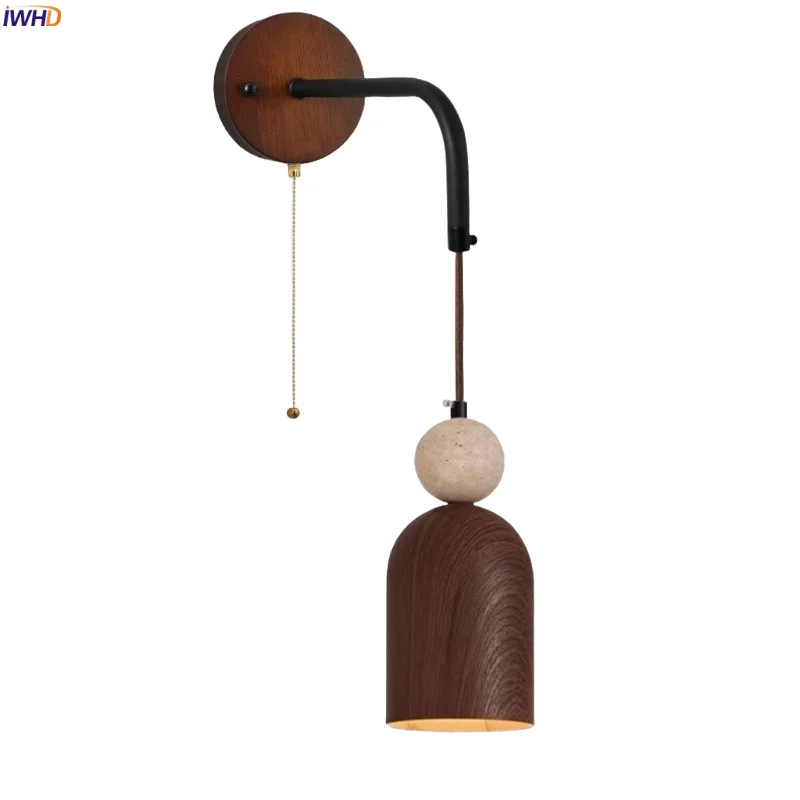 

IWHD Stone Iron LED Wall Lights For Living Room Decor Kitchen Pull Chain Switch Japan Wabi Sabi Bedside Lamps Applique Murale