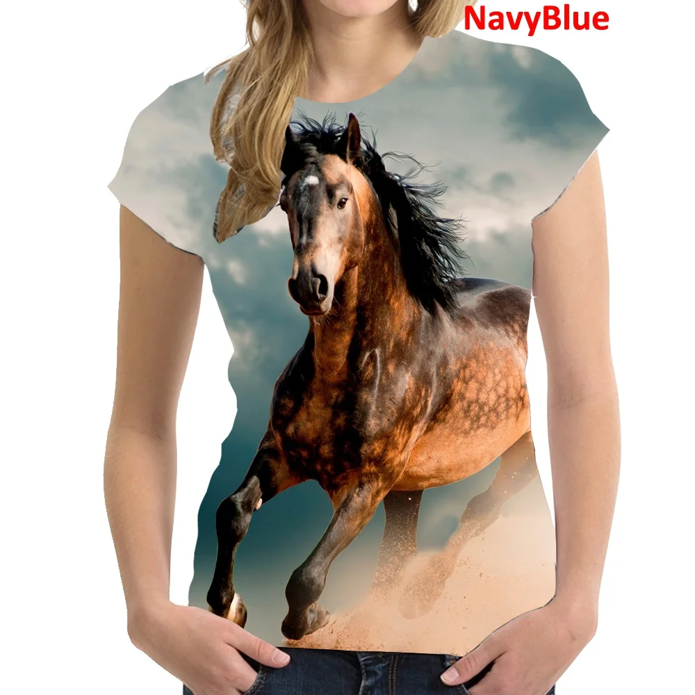 Women Clothing Horse Printed Casual T-shirt Short Sleeve Tops T-shirt Ladies Round Neck Blouse Tops