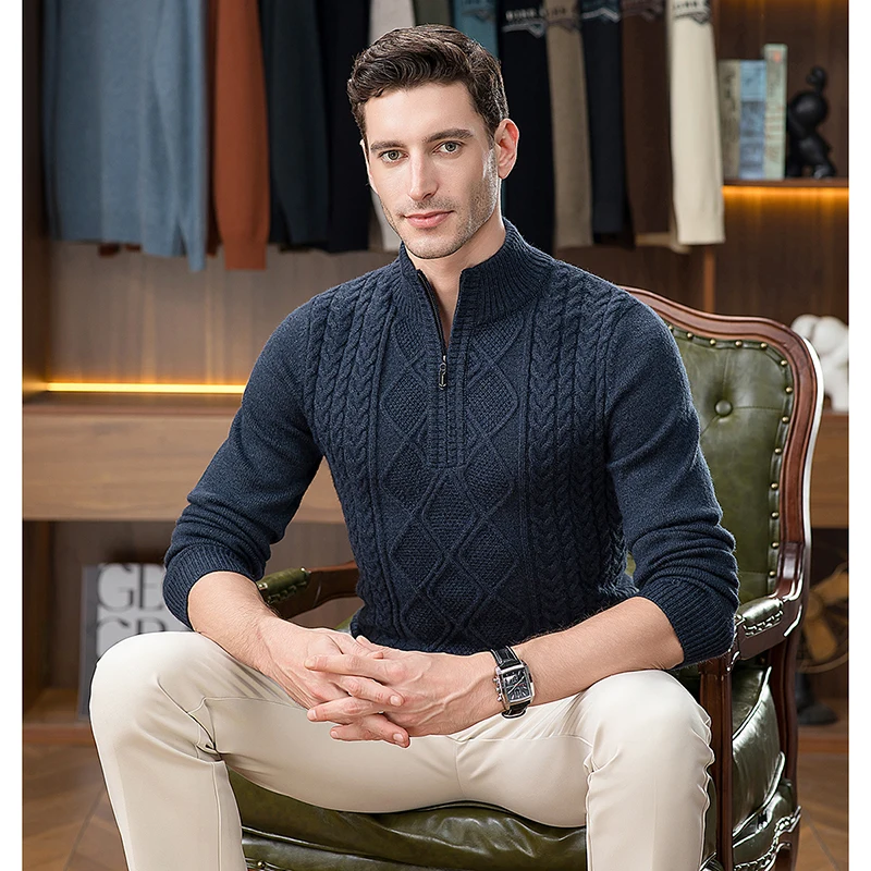 เสื้อสเวตเตอร์ผู้ชายแฟชั่นใหม่ แนวหนา ปี 2025 แฟชั่นฤดูหนาว คอตั้ง ถักลาย Argyle แขนยาว อุ่น ซิป