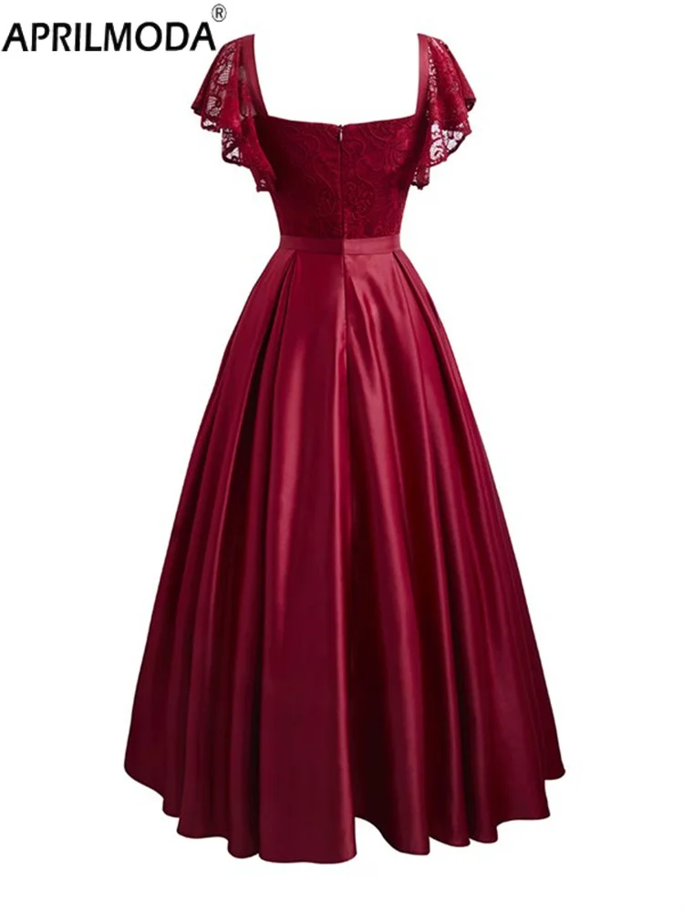 Elegante wunderschöne rosa türkis farbene Rüschen ärmel Party Satin langes Kleid Spitze Ballkleider Hochzeit Dame Herbst Abend Maxi kleider