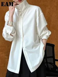 [EAM] Women White Brief Elegant Big Size Blouse New Stand Collar Long Sleeve Shirt Fashion Tide Spring Autumn 2024 1DH6652