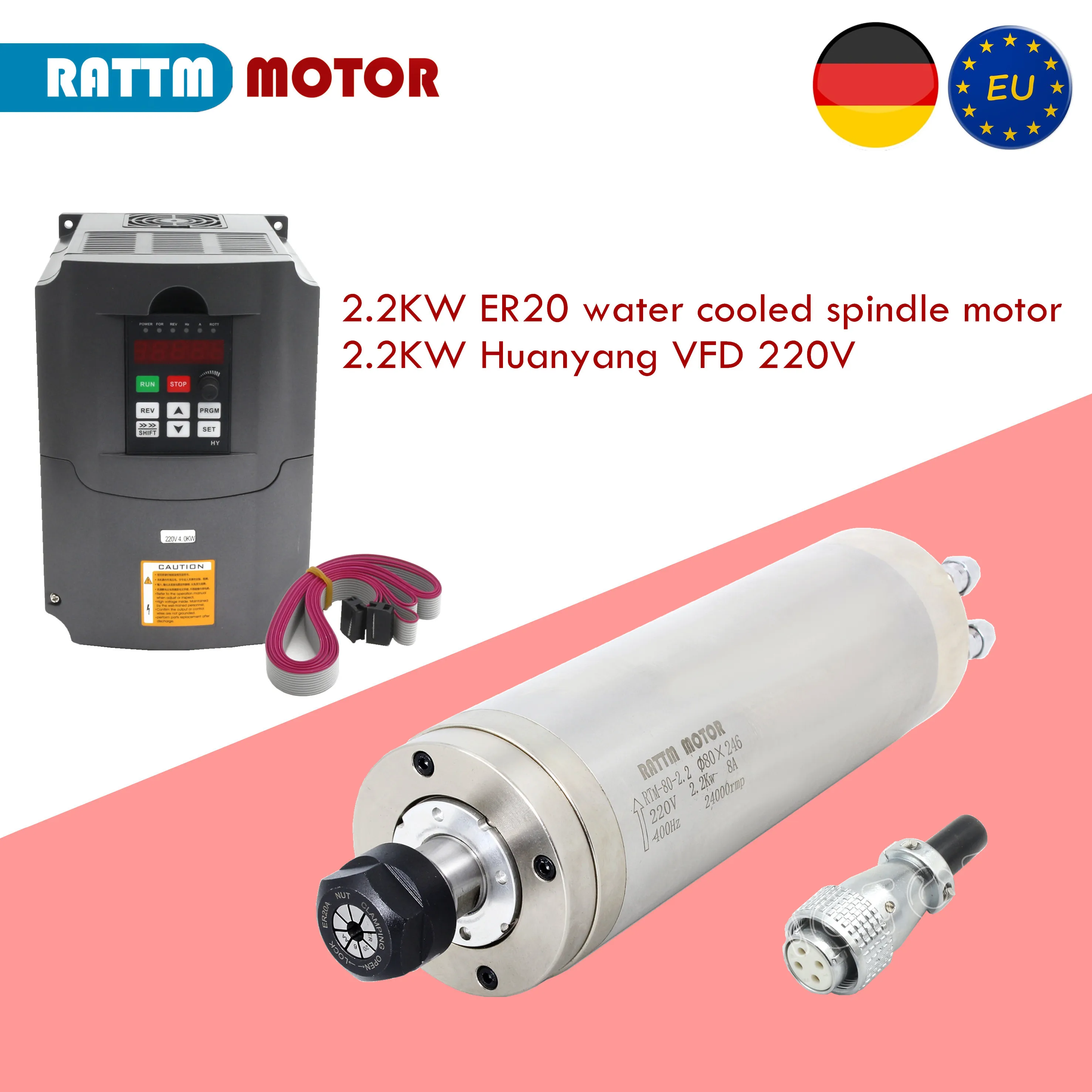 

【EU】CNC Router Kit Waterproof Water Cooled Spindle Motor 2.2KW 220V ER20 For Metal & Inverte VFD 220V for CNC Milling Machine