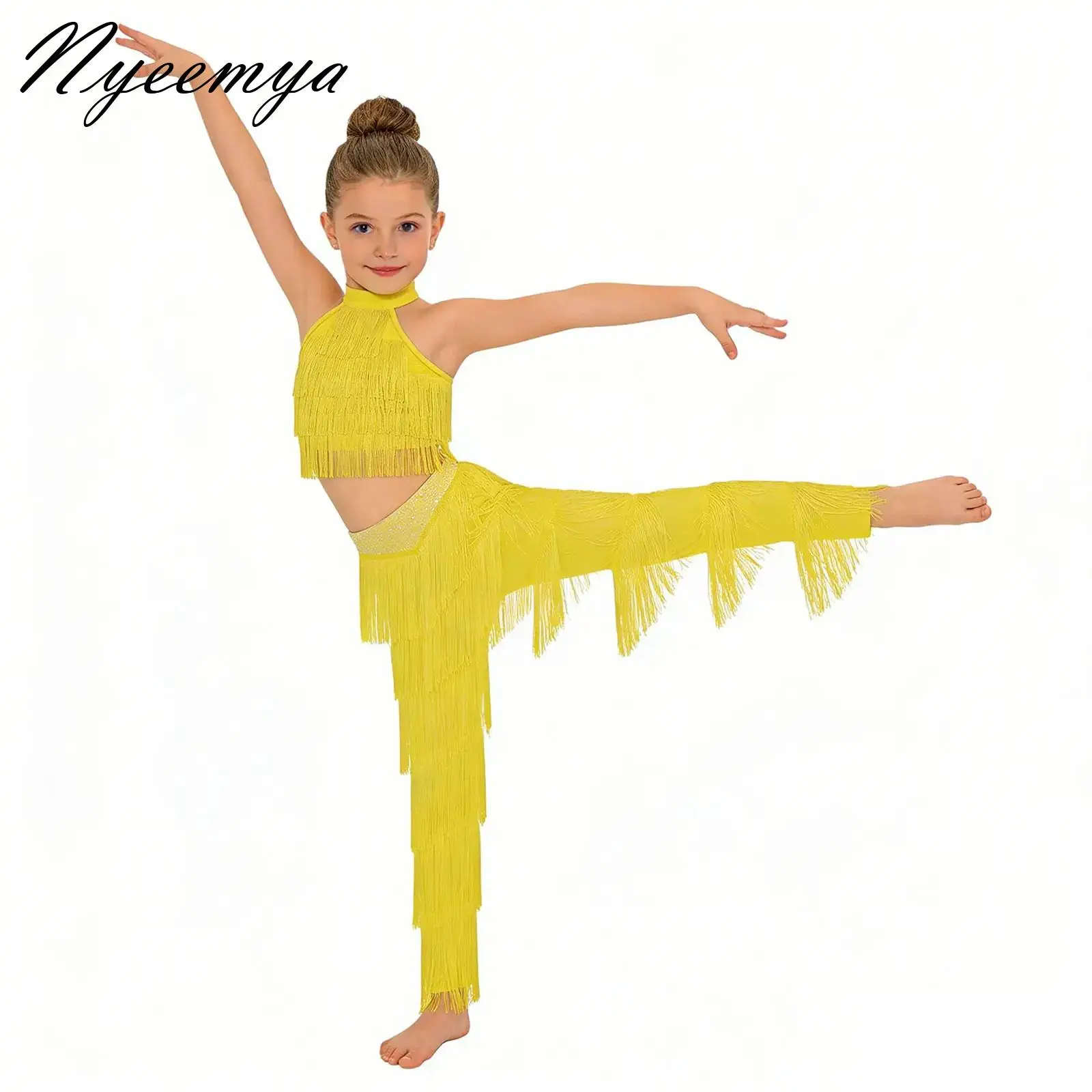 

Kids Girls Latin Dance Tassel Dresses Fringed Outfits Samba Salsa Dance Competition Stage Performance Costumes Crop Tops+Pants