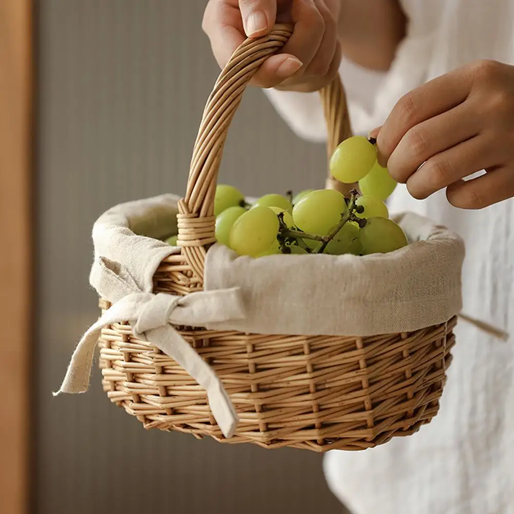 Cesta de mimbre con lazo para niña, cesta de flores para decoración de boda con asa, cesta de frutas portátil, contenedor de almacenamiento para