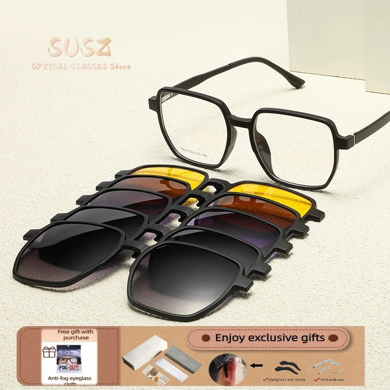 SUSZ Fashion 5 In 1 Square Men Driving Safety Polarized Sunglasses Magnet Clip On Myopia Optical Prescription Reading Glasses