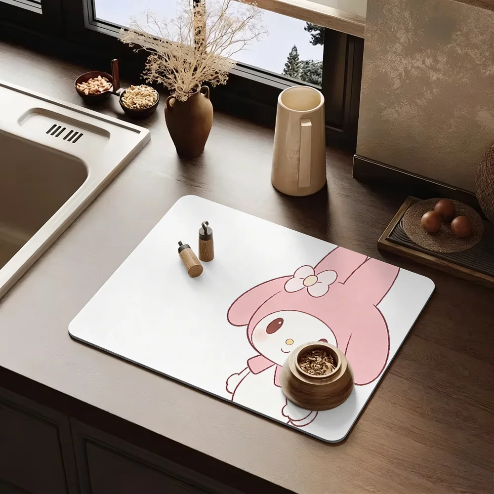 

My Melody White Background Pink Flower Decor Cute Cartoon Dish Drying Mat Non-Slip Absorbent Washable Kitchen Counter Pad