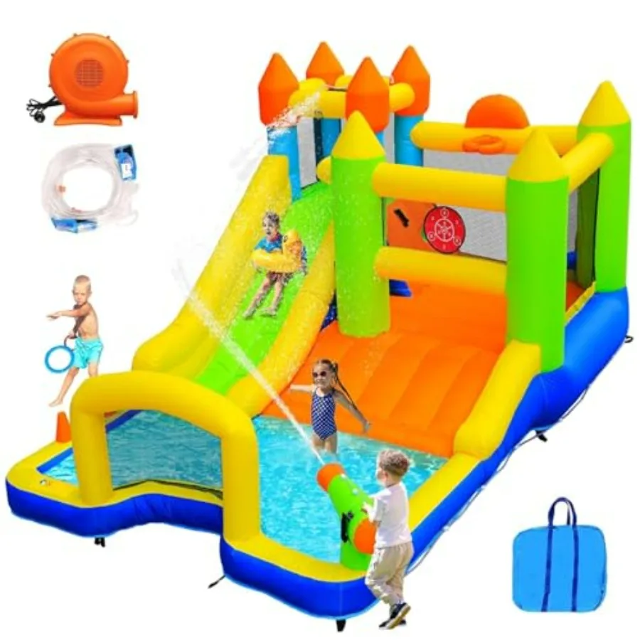 Bounce House for Indoor Outdoor Use, PVC Material, Blue and Red, 9-in-1 Inflatable Water Slide with Long Slide, Climbing Wall,
