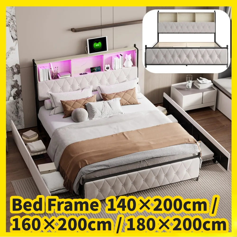 140×200cm Double Bed Frame Queen,Beige Velvet Bedframe with Light,with 4 Drawer, with USB Type-C Charge Port,Bedroom Furniture