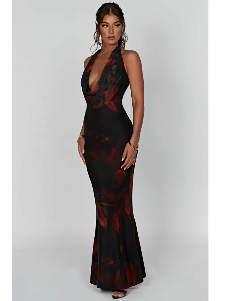 Vestido de noite com estampa em V profundo sem mangas Articat, vestido longo sem costas, colarinho pendurado, festa, sexy, verão, 2024