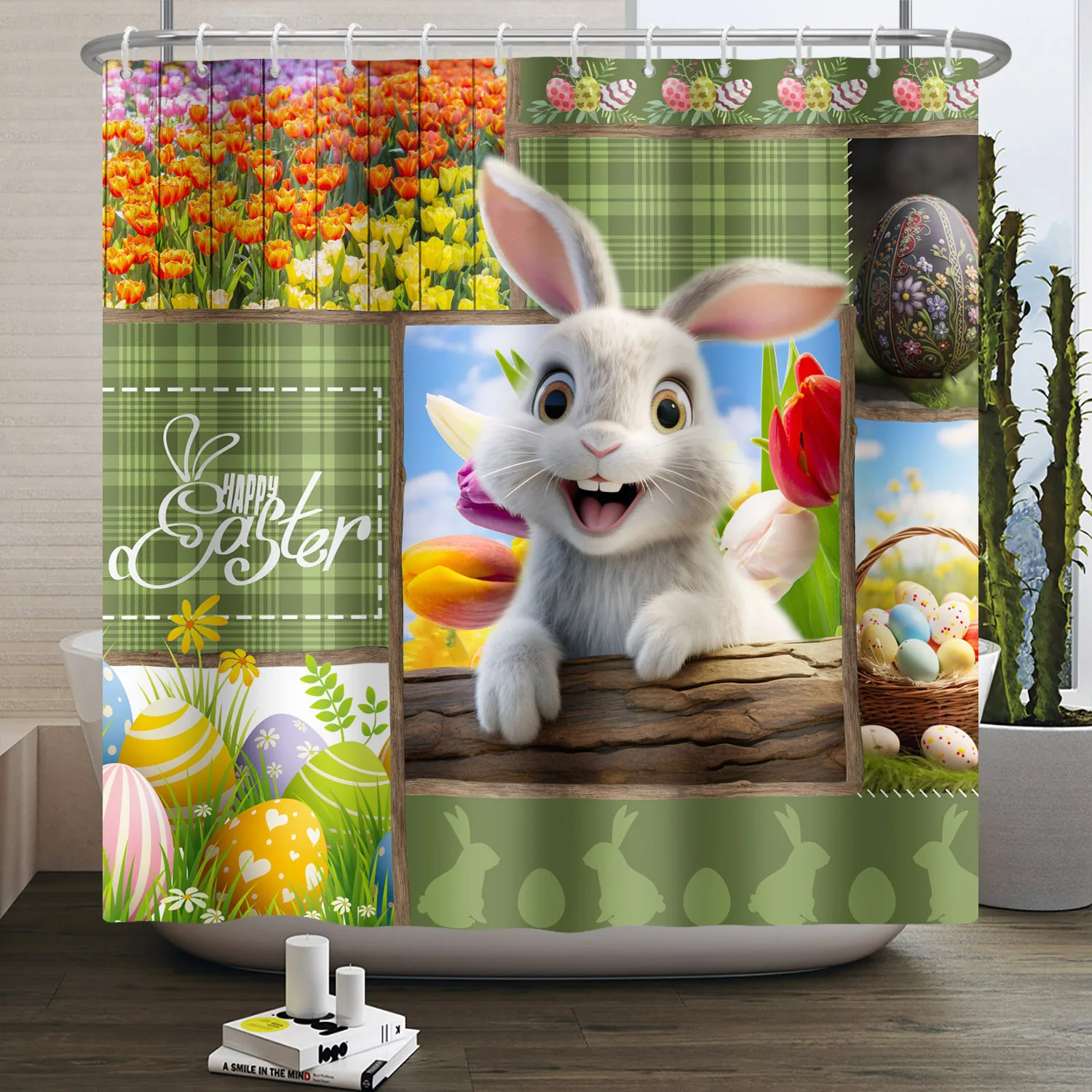 Spring Cute Bunny Shower Curtain Happy Easter Home Bathroom Waterproof Partition Eggs Garden Tree Shower Curtain with Hooks