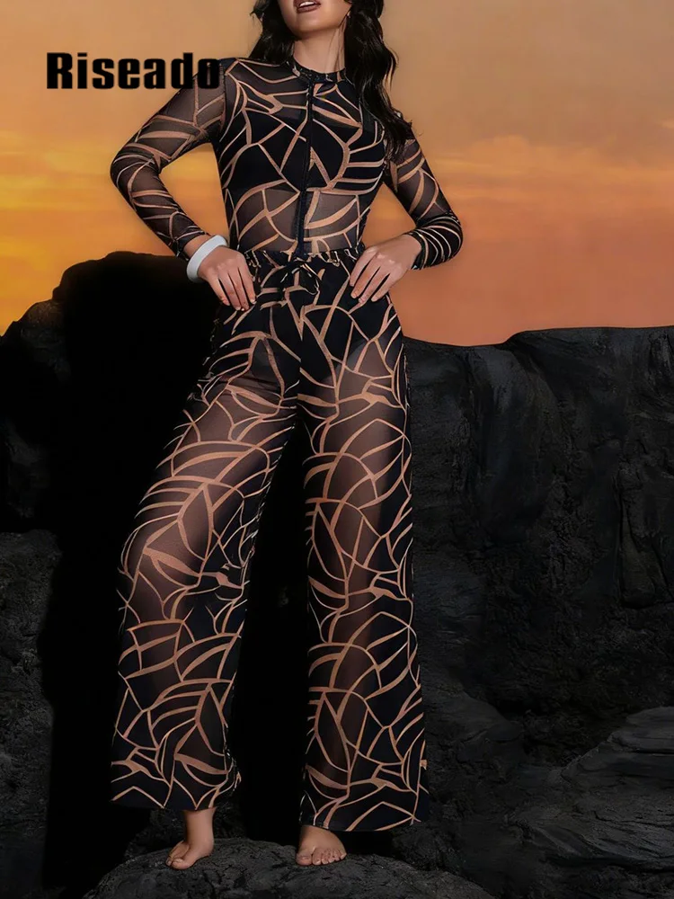Swimwear Women Abstract Print Swimsuit with Wide Leg Pants Long Sleeve Zip Up One Piece Monokini Sun Protection Beachwear