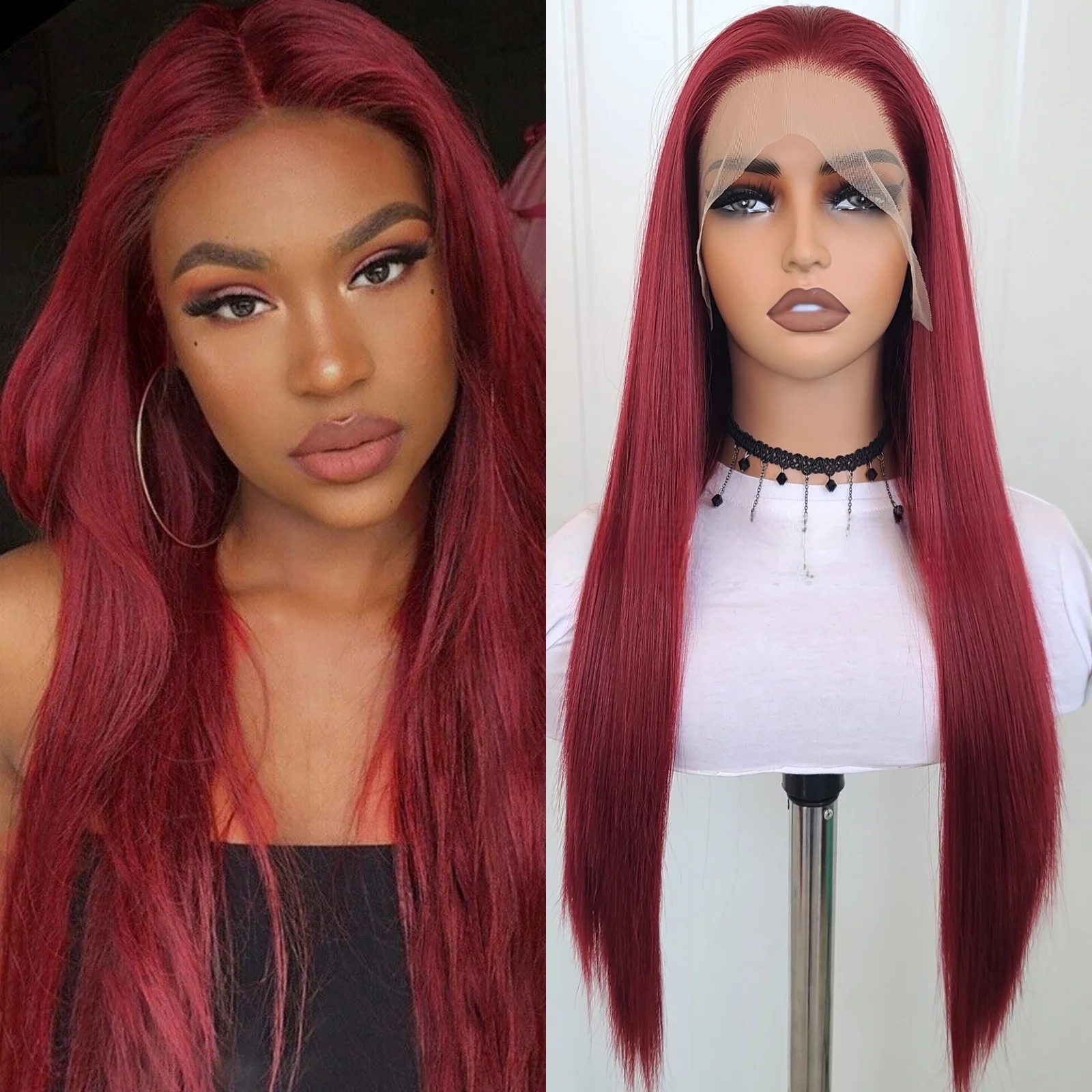 Red Wig Straight Synthetic Lace Front Wig Long Red Hair Wig Glueless Wigs Ready to Wear Burgundy Colored Lace Wigs for Women