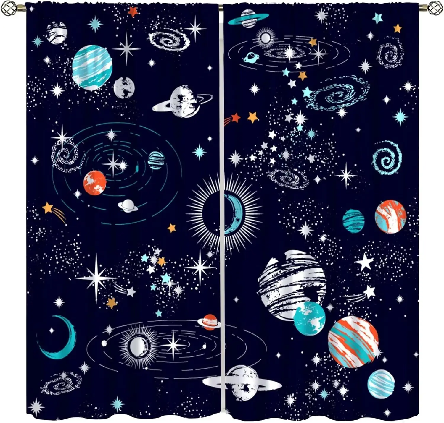 Outer Space Galaxy Curtains, Boys Kids Cartoon Universe Planets Thermal Insulated Printed Rod Pocket Window Drapes for Living