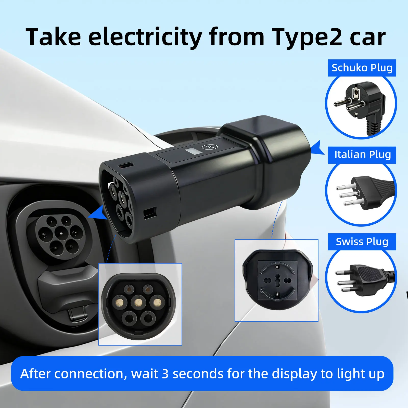 EVqiaoyi Type2 V2L Discharge Adapter with Power‑off Unlock Button, Vehicle‑to‑Load Plug with EU Universal Socket for BYD, Chery