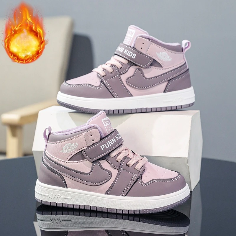 

Girls Winter Cotton Shoes High Top Board Shoes Fleece Lined Boy's Sporty Leather Surface Children's Casual Shoes for Toddlers