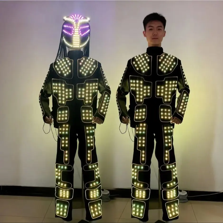 LED Light Robot Adult Costume with Helmet Stage Performance Dance Suit for Nightclub Bar Party Entertainment