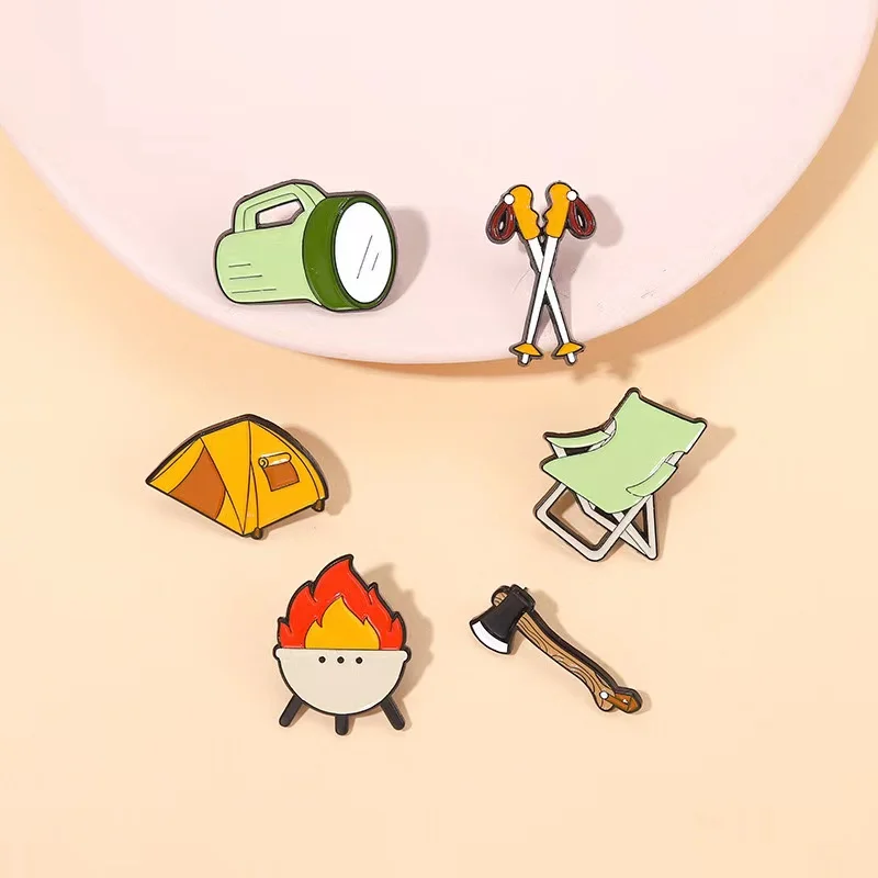 Wholesale Price Camping Enamel Pins Custom Tent Trekking Poles Bonfire Brooches Lapel Badges Adventure Jewelry Gifts for Friends