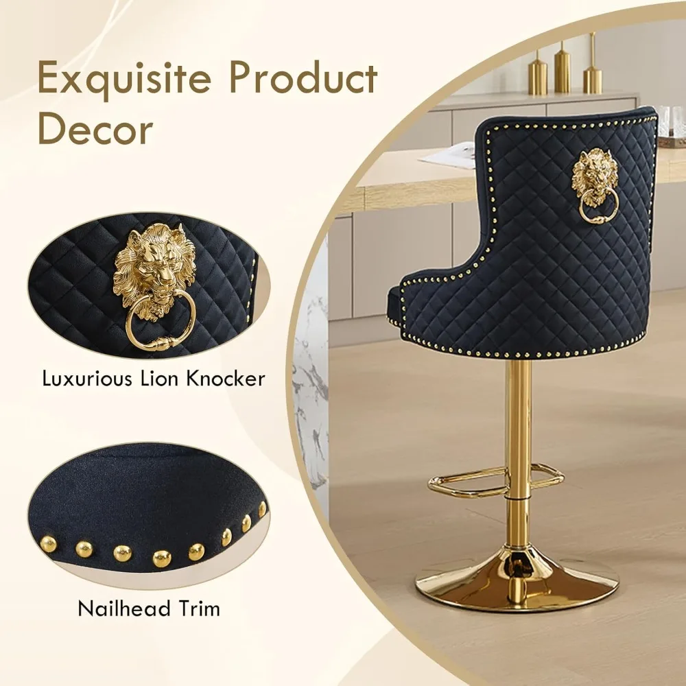 Zestaw 2 złotych stołków barowych, obrotowe stołki barowe z aksamitu z uchwytem w kształcie lwa, tapicerowane stołki barowe o wysokości blatu z wysokim, pikowanym oparciem.
