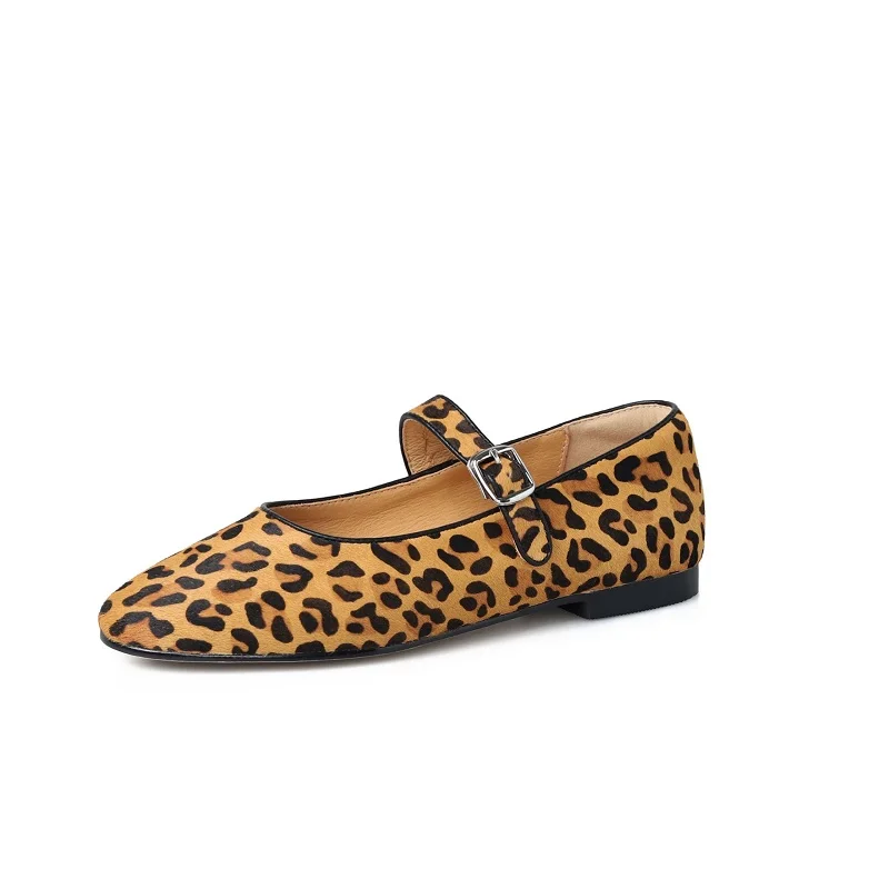 Girls Mary Jane Sexy Flats  Woman Horsehair  Ballet Leopard Flats Spring Simple Shoes Round Toe Genuine Leather Soft Shoes