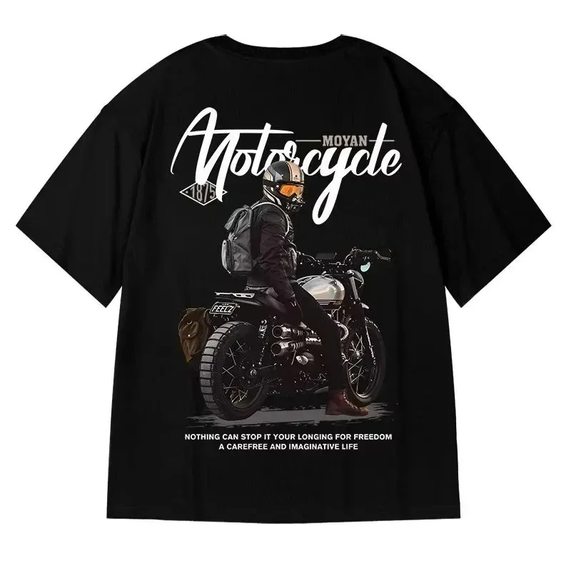 2024 Motorcycle Printed T-Shirt Men\'s Summer Trendy Y2K Cotton Round Neck Short Sleeve T Shirt Men Harajuku Tops Clothing