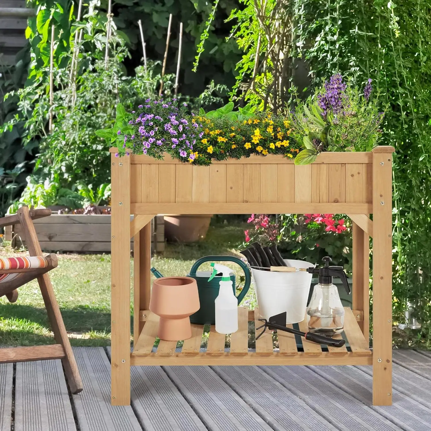 36'' Hx25'' Wx37'' L Raised Garden Bed 8 Pocket Herbs Garden Planter Outdoor Horticulture Vegetables Standing Planters Boxes with Grow Grid