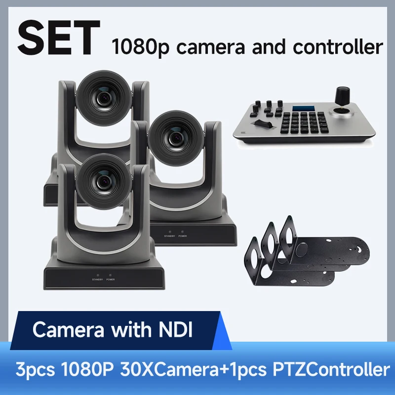 3PCS 30x Zoom NDI Camera for Church Business with 4D Joystick PTZ controller