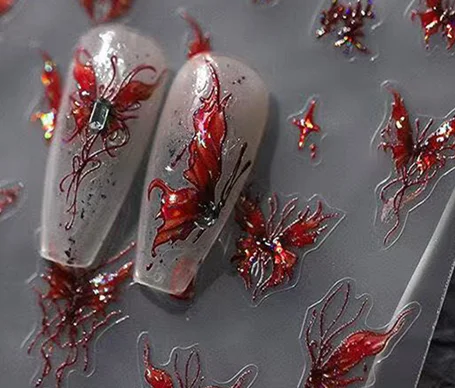 

【WHB】Red Butterfly Nail Stickers Flash Design Decals Self Adhesive Stereoscopic Nail Charm Decoration Accessories