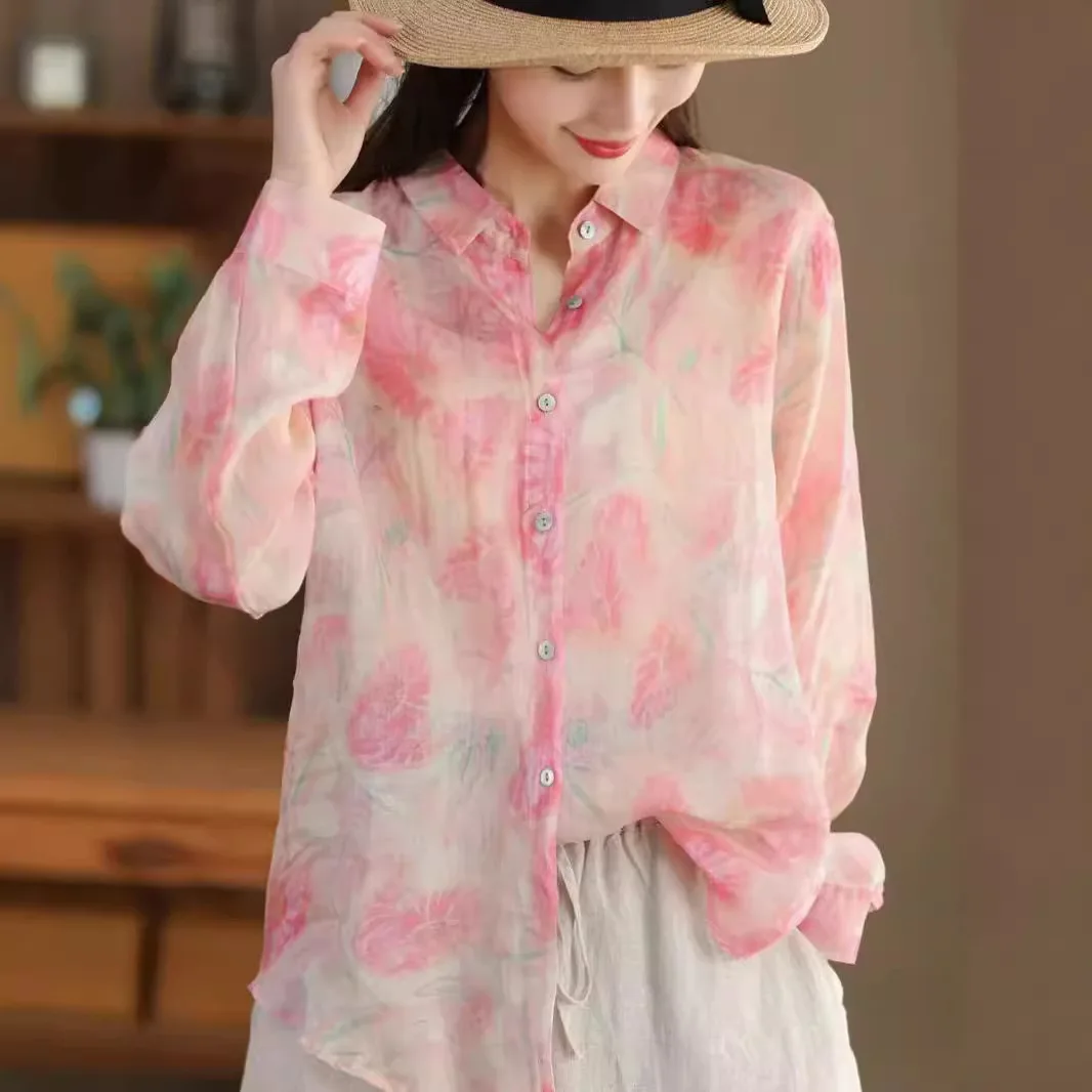 قميص رامي فاخر مطبوع عليه زهور على الموضة الربيعية للنساء بأكمام طويلة وفضفاض غير رسمي ملابس الشارع الشهير بلوزات يومية #3